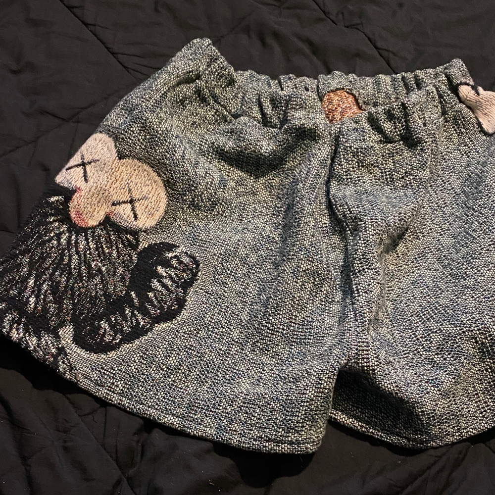 Gray Woven Shorts with Embroidered Character Detail